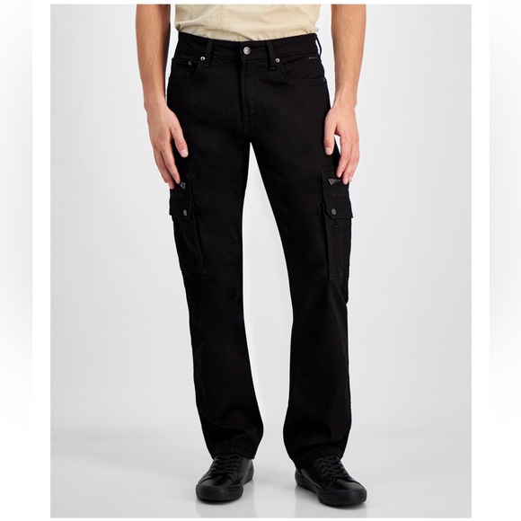 GUESS Men's Mateo Zip Denim Cargo Pants- Rinsed Black- 30w x32 L